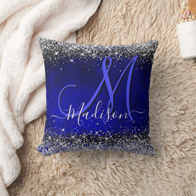 Niedliche Royal Blue Silver Imitate Glitzer Monogr Kissen (Decke)