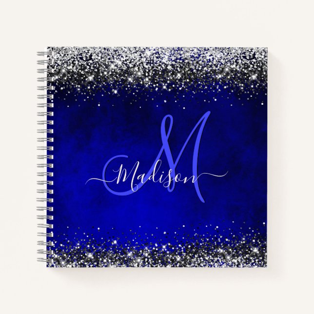 Niedliche Royal Blue Silver Imitate Glitzer Monogr Notizbuch (Vorderseite)