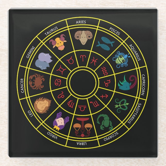 Niedliche runde Zodiakische Symbole und Zeichen Glasuntersetzer (Vorderseite)
