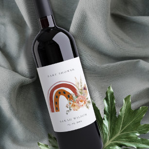 Niedliche Rust Orange Boho Bläsernieder Baby Dusch Weinetikett