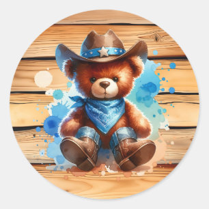 Niedliche rustikale Cowboy Teddy Bear Boy's Babydu Runder Aufkleber
