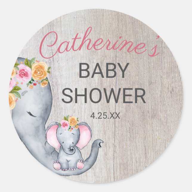 Niedliche Rustikale Elephant Girl Babydusche Runder Aufkleber (Vorderseite)