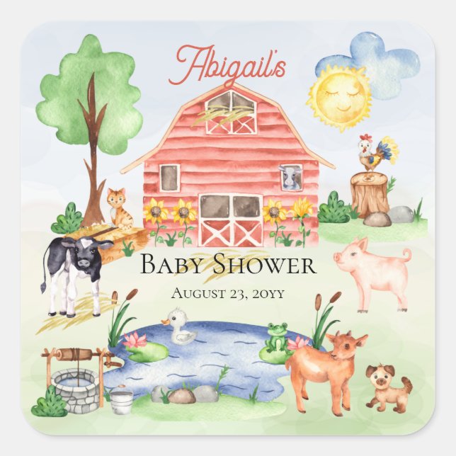 Niedliche Rustikale Landtiere Barnyard Babydusche Quadratischer Aufkleber (Vorderseite)