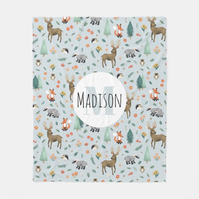 Niedliche Rustikale Waldtiere Kids Monogramm Fleecedecke (Vorderseite)