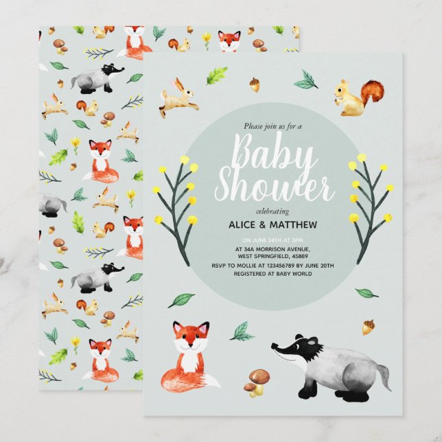 Niedliche Rustikale Waldtiere Kinderdusche Einladung (Vorne/Hinten)