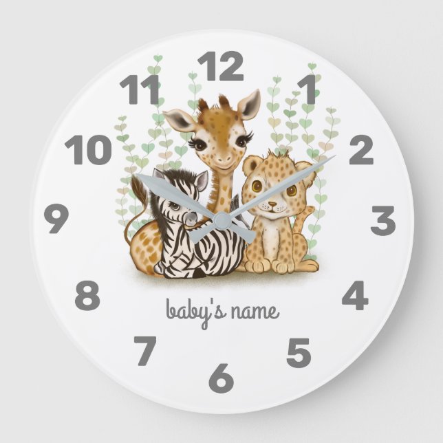 Niedliche Safari Animal Kinderzimmer Decke Wall Uh Große Wanduhr (Vorderseite)