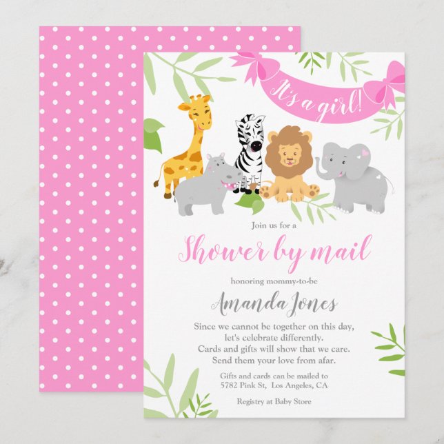 Niedliche Safari Animals Baby Dusche Mädchen Einla Einladung (Vorne/Hinten)
