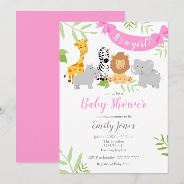Niedliche Safari Animals Baby Dusche Mädchen Einla Einladung (Vorne/Hinten)