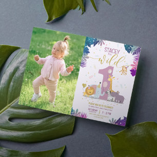 Niedliche Safari Animals Girl Wild Ein Foto Geburt Einladung