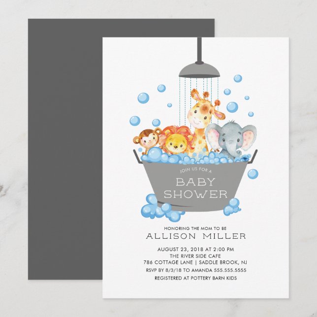 Niedliche Safari Animals Shower Baby Einladung (Vorne/Hinten)