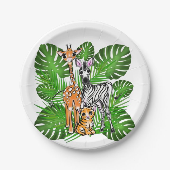 Niedliche Safari-Freunde, Giraffen, Zebra, Tiger Pappteller (Vorderseite)