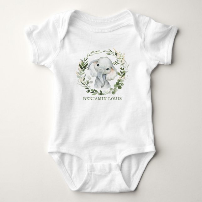 Niedliche Safari Grüne Elephant Monogram Baby Strampler (Vorderseite)