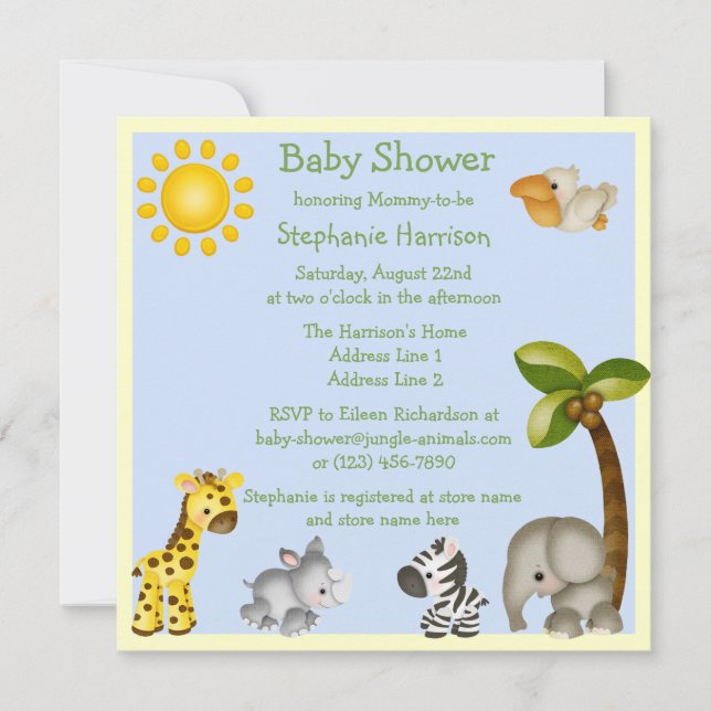 Niedliche Safari-Tier-Baby-Dusche Einladung (Vorderseite)