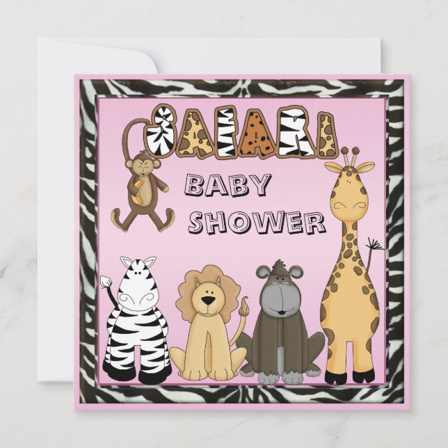 Niedliche Safari-Tier-rosa Baby-Mädchen-Dusche Einladung (Vorderseite)