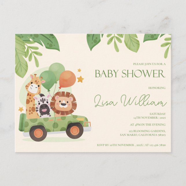 Niedliche Safari Tiere Leafy Baby Dusche Einladung Postkarte (Vorderseite)