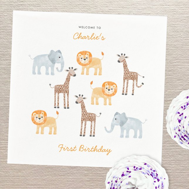 Niedliche Safari-Tiere Personalisiert 1. Geburtsta Serviette (Fun baby safari animals personalized first birthday party paper napkins)