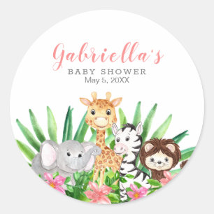Niedliche Safari-Tiere   Rosa Babydusche Runder Aufkleber
