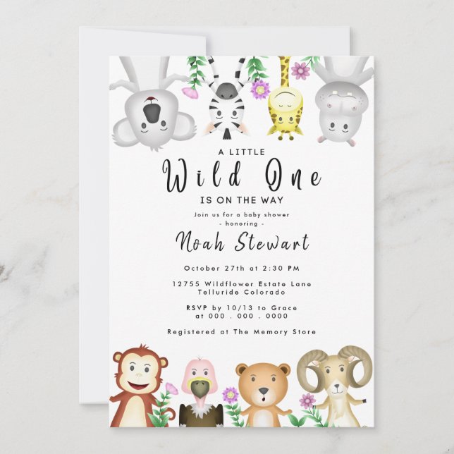 Niedliche Safari Tiere Wild One Baby Dusche Einladung (Vorderseite)
