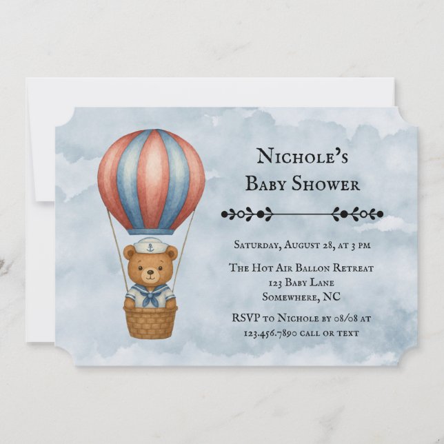 Niedliche Sailor Bear Hot Air Ballon Boy Baby Dusc Einladung (Vorderseite)