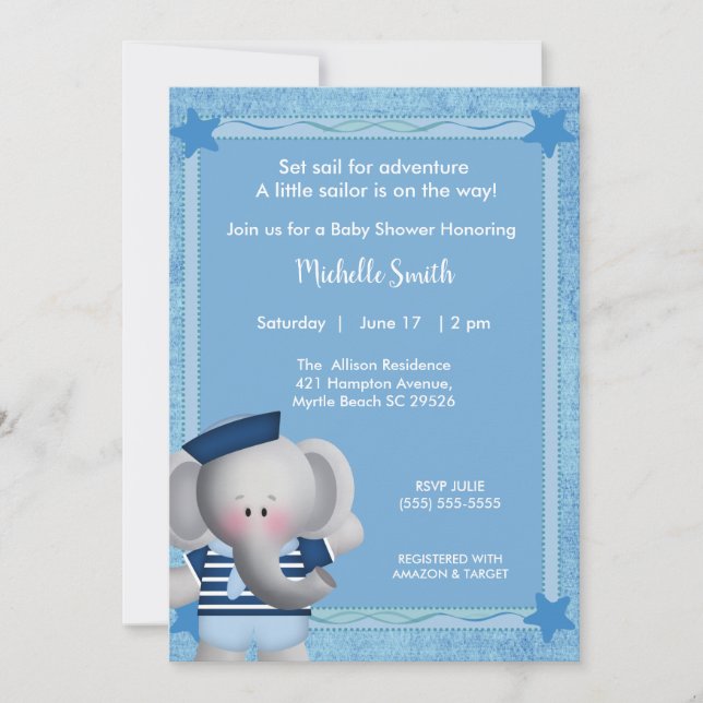 Niedliche Sailor Elephant Baby Dusche Einladung (Vorderseite)