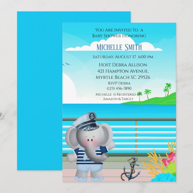 Niedliche Sailor Elephant Baby Dusche Einladung (Vorne/Hinten)