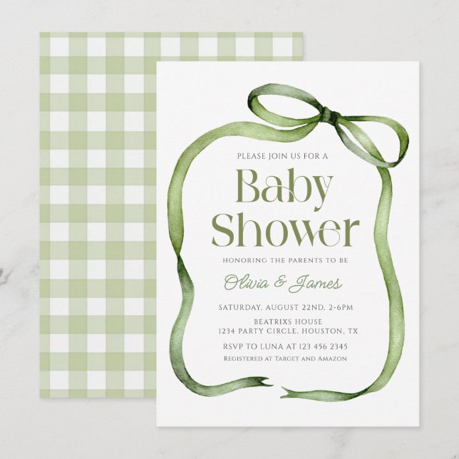 Niedliche Salbei Bow Gingham Baby Dusche Einladung (Vorne/Hinten)