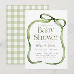 Niedliche Salbei Bow Gingham Baby Dusche Einladung