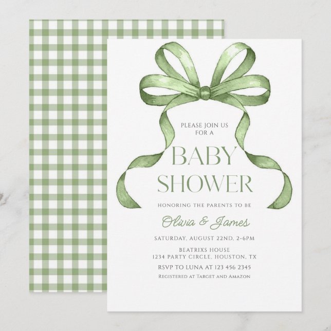 Niedliche Salbei-Grün Bow Gingham Baby Dusche Einladung (Vorne/Hinten)