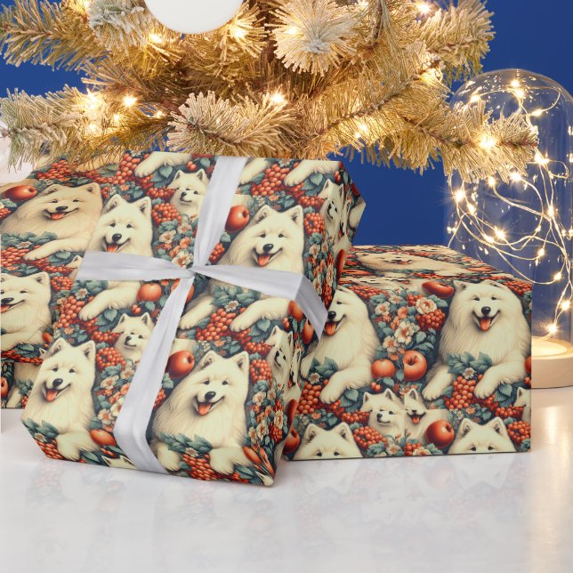 Niedliche Samoyed Floral Malerei Geschenkpapier (Feiertage)