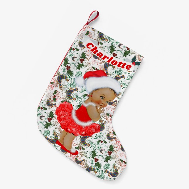 Niedliche Sankt-Baby-Mädchen-ethnische rote grüne Kleiner Weihnachtsstrumpf (Vorderansicht (hängend))