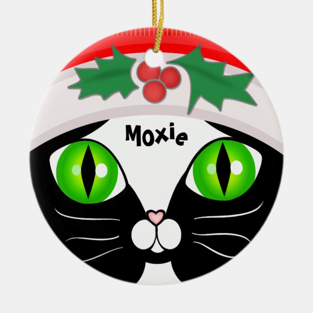 Niedliche Sankttuxedo-Katzen-Weihnachtsverzierung Keramikornament (Vorne)