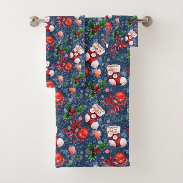 Niedliche Santa Boots Balls Red Holly Berries Weih Badhandtuch Set (Insitu)