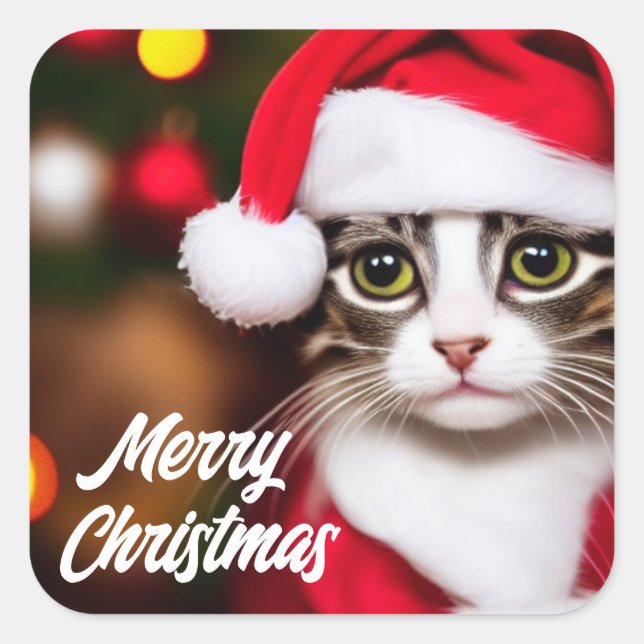 Niedliche Santa Cat Quadratischer Aufkleber (Vorderseite)