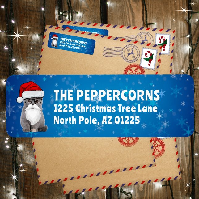 Niedliche Santa Christmas Cat Blue Rücksendeadress (Available in multiple colors. Personalize and make it your own!)