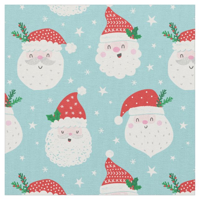 Niedliche Santa Heads auf hellblau Stoff (Nahaufnahme)