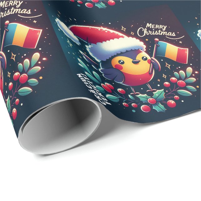 Niedliche Santa Robins rumänische Flagge Geschenkpapier (Rolleneckpunkt)