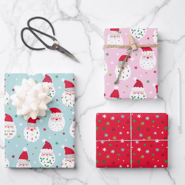 Niedliche Santas mit festlichen Bärten in Blau und Geschenkpapier Set (Vorderseite)