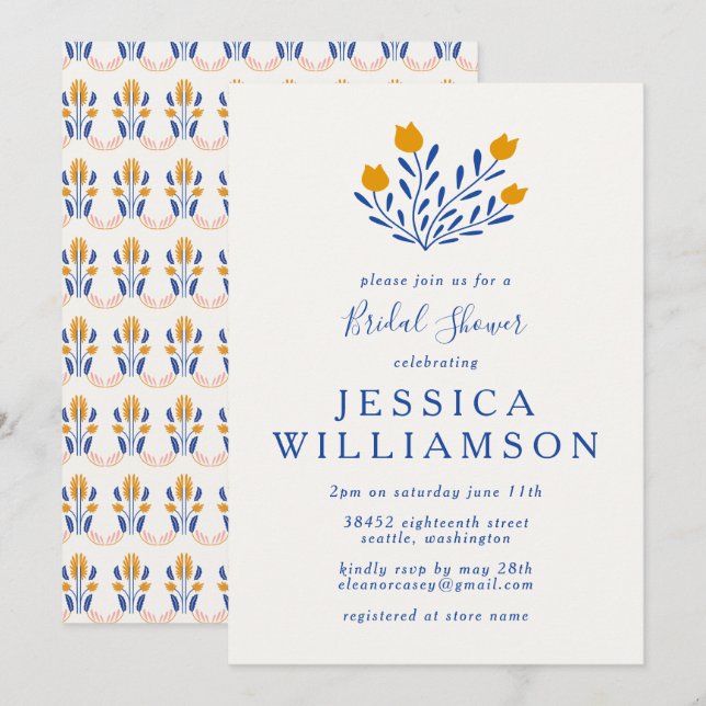 Niedliche Scandi Folk Blume in Blue Brautparty Einladung (Vorne/Hinten)