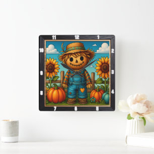 Niedliche Scarecrow Fall Ernte Quadratische Wanduhr