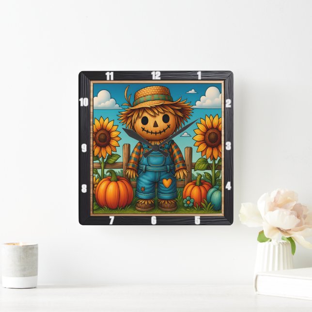 Niedliche Scarecrow Fall Ernte Quadratische Wanduhr (Zuhause)