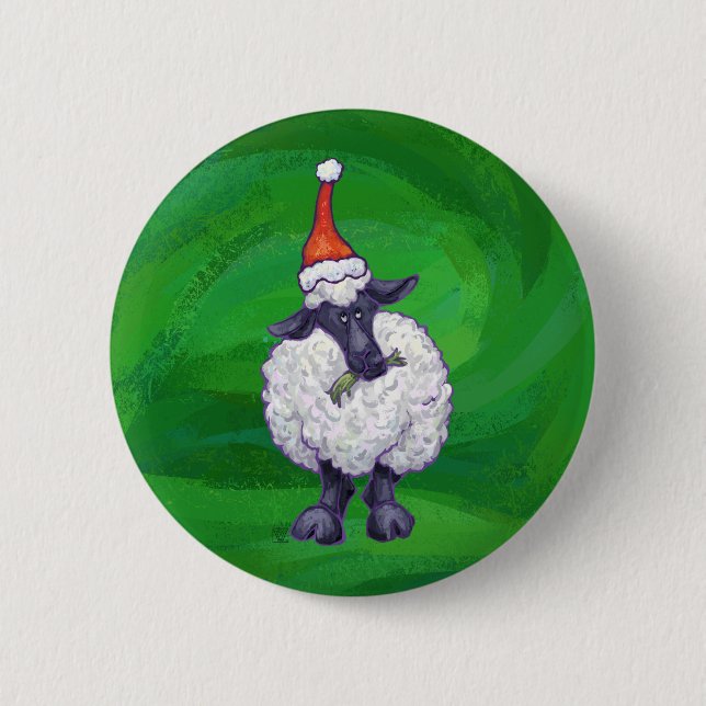 Niedliche Schafe in Weihnachtsmannmütze auf grün Button (Vorderseite)