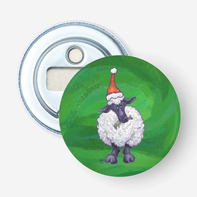 Niedliche Schafe in Weihnachtsmannmütze auf grün Flaschenöffner (Vorderseite)