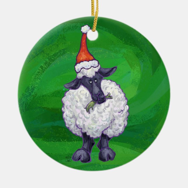 Niedliche Schafe in Weihnachtsmannmütze auf grün Keramikornament (Vorne)