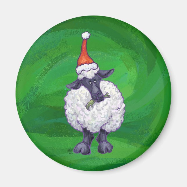 Niedliche Schafe in Weihnachtsmannmütze auf grün Magnet (Vorne)