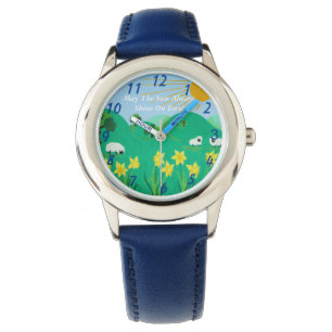 niedliche Schafe mit Baumhügeln blauer Himmel und Armbanduhr