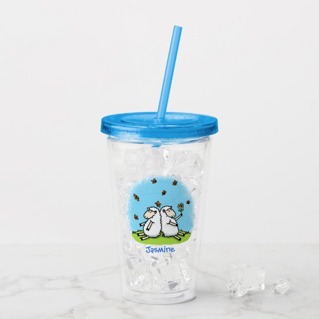 Niedliche Schaffreunde und Schmetterlinge Cartoon Acryltrinkbecher (Rückseite Ice)