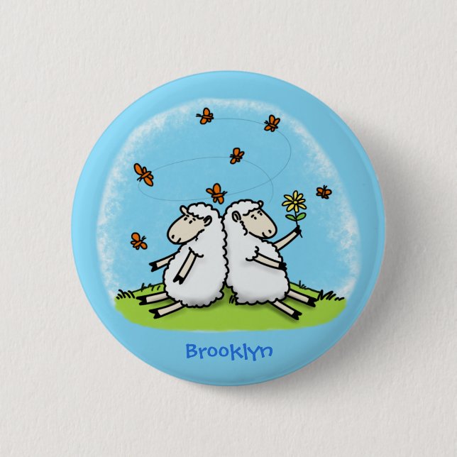Niedliche Schaffreunde und Schmetterlinge Cartoon Button (Vorderseite)