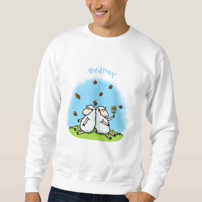 Niedliche Schaffreunde und Schmetterlinge Cartoon Sweatshirt (Vorderseite)