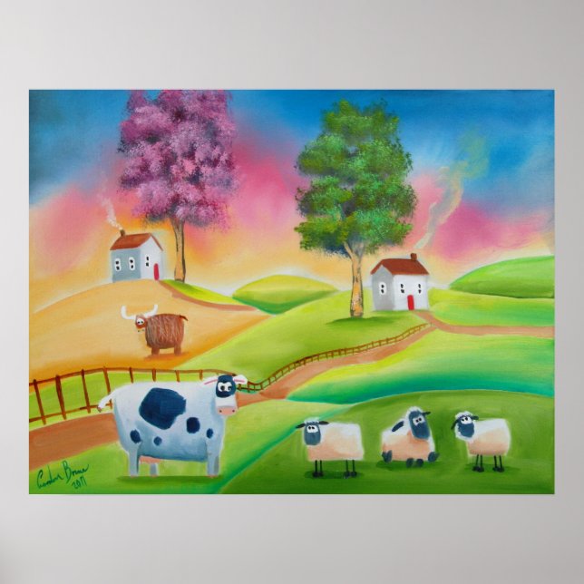 Niedliche Schafskühe Volkskunst naive Gemälde G Br Poster (Vorne)