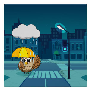 Niedliche Schale mit Regenschirm am Regentag Poster